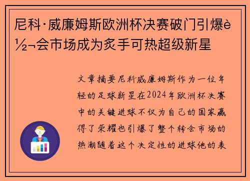 尼科·威廉姆斯欧洲杯决赛破门引爆转会市场成为炙手可热超级新星